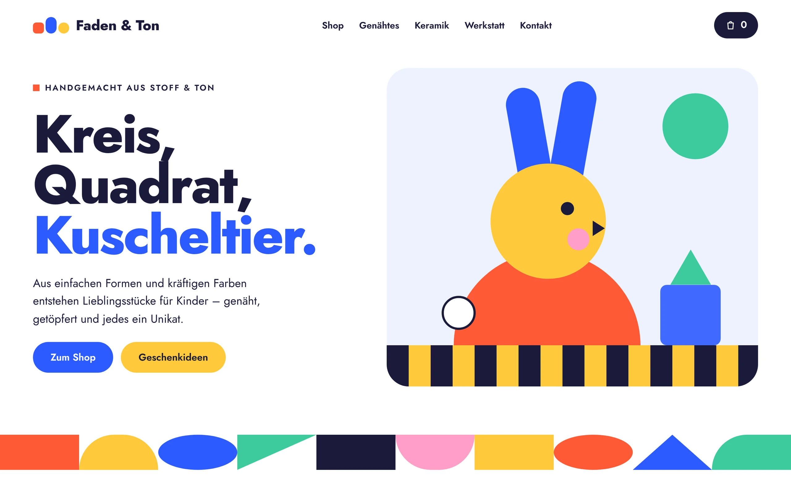 Ontwerp voor de homepage van Faden & Ton: de kop “Kreis, Quadrat, Kuscheltier.” naast een haas opgebouwd uit cirkels en vierkanten
